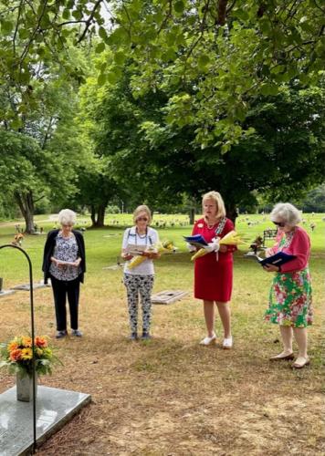 Grave Marking of Member, Anne Ingle, on June 12 in Bolivar, TN. Regent Karen Kivette, Vice Regent Melissa Tanner, Recording Secretary Andrea Riddle and Past Regent Linda Lopez attended. Members of the Hatchie Chapter, Anne’s original chapter, were also present and participated in the ceremony.